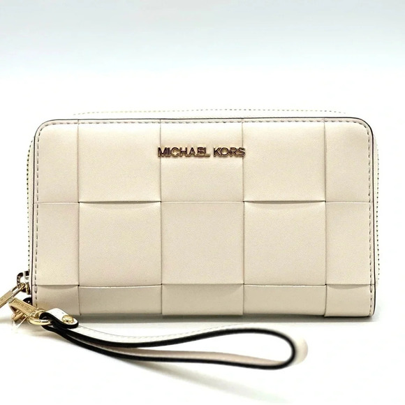 Michael Kors JST LG Flat MF Phone Case Wallet Light Cream Leather - Picture 1 of 8